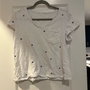 White Cotton Tee with Blue Embroidered Stars Pocket T-Shirt Size M